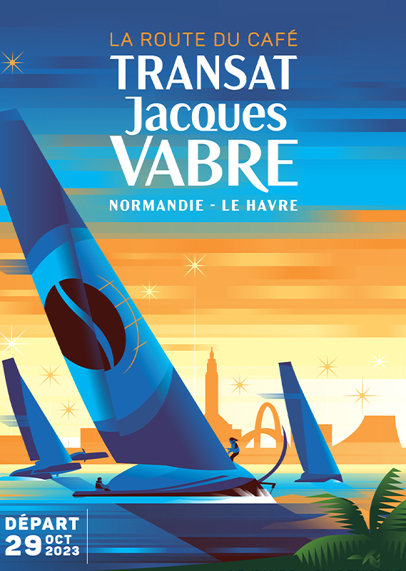 Affiche illustrative de la Transat Jacques Vabre 2023, une prestigieuse course transatlantique en duo de voile partant du Havre pour rejoindre la Martinique.