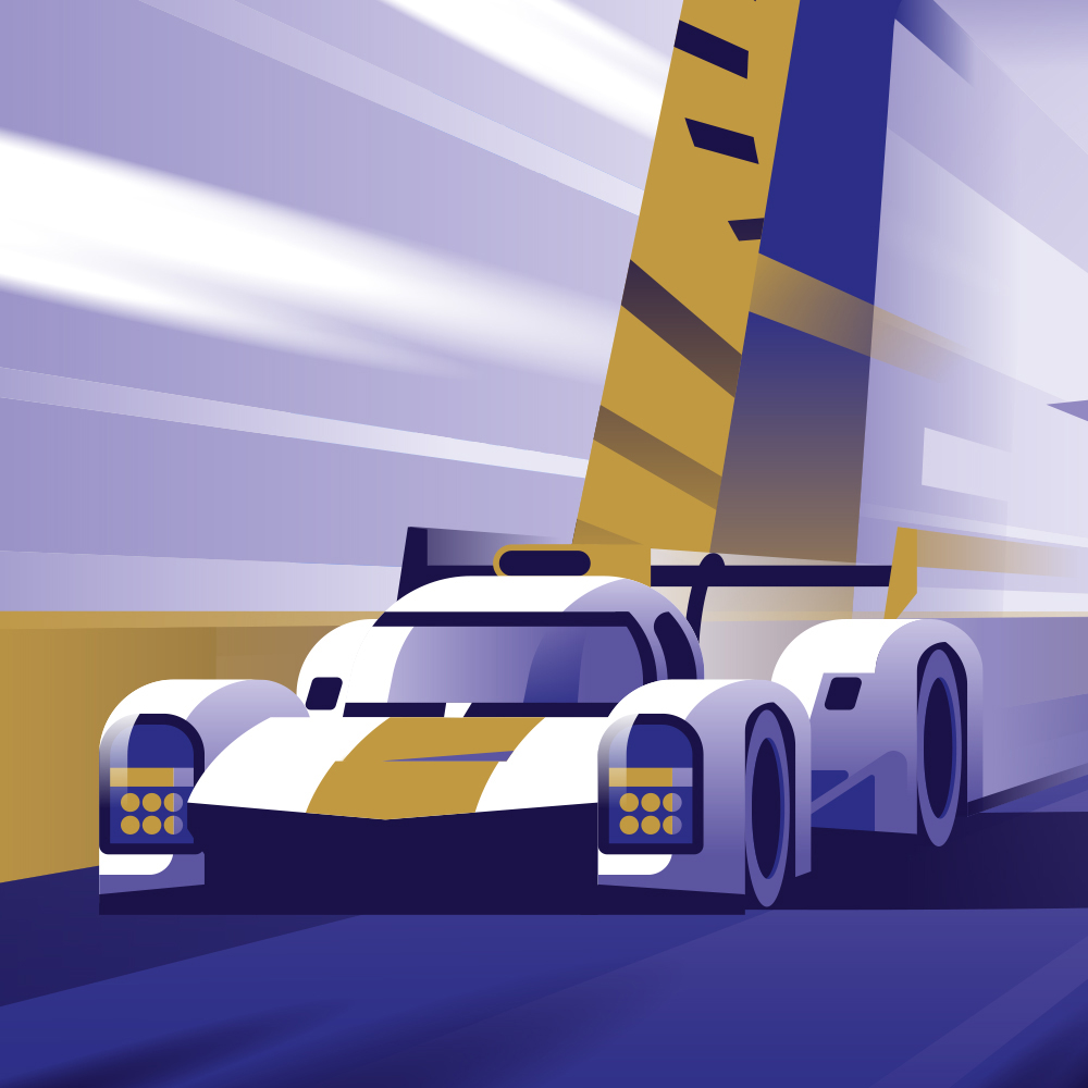 Illustration d'une affiche vintage du départ emblématique des 24 Heures du Mans, légendaire course d'endurance automobile