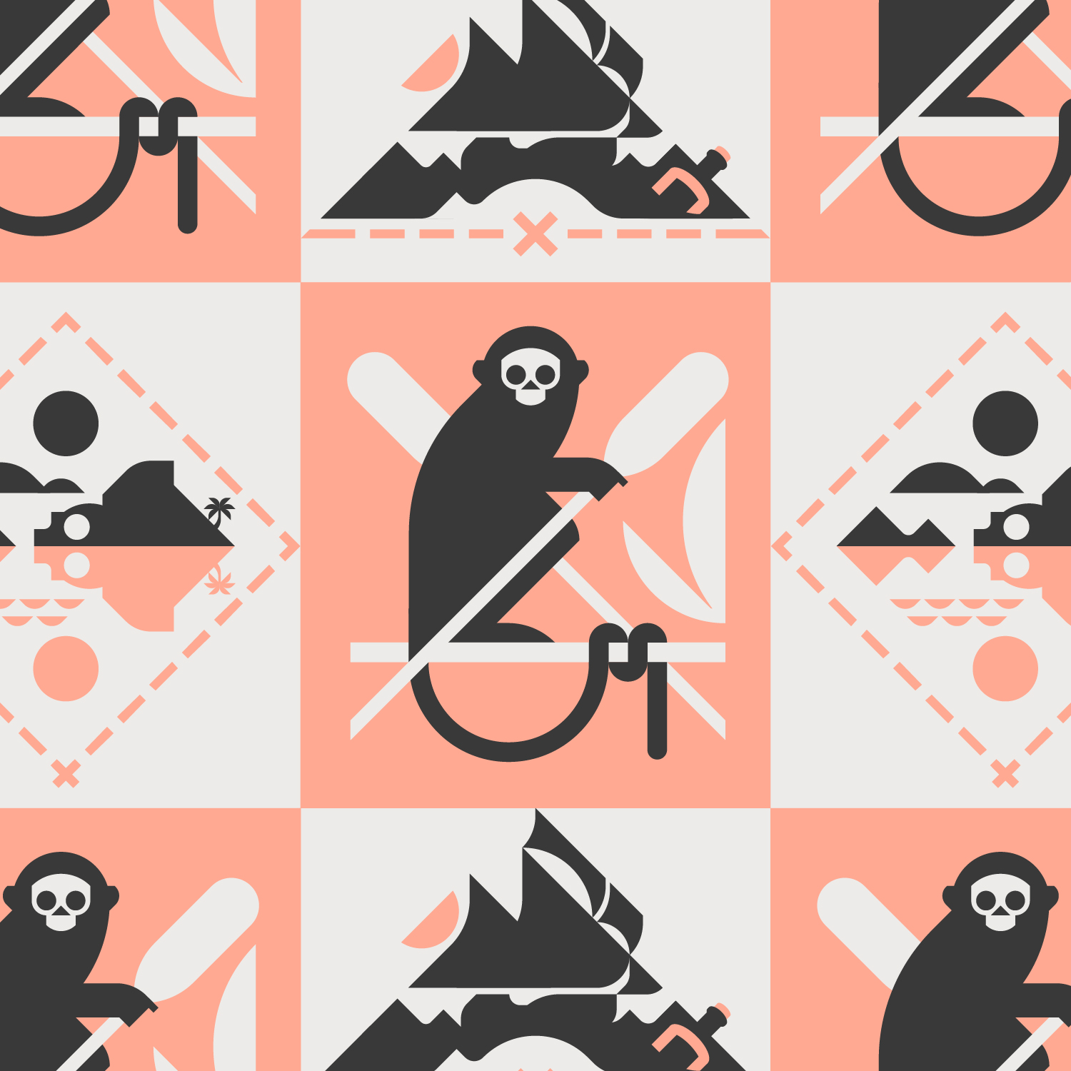 Logo de la flotte de Pirates, singe et navire icônes de la piraterie, île au trésor.