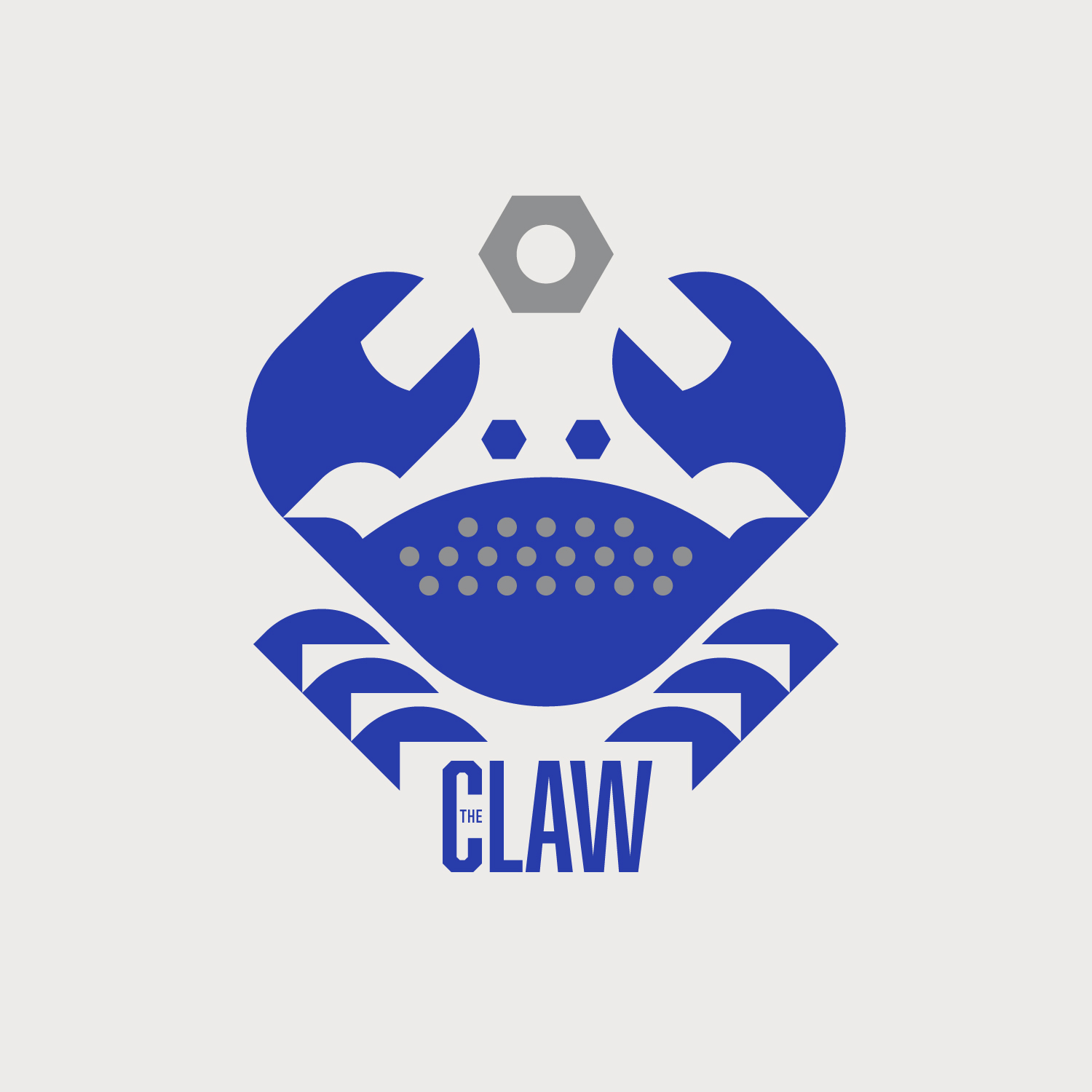 Logotype de 'The Claw' - Représentant la robustesse et la polyvalence des outils pour le bricolage, avec une référence subtile à la pince, au crabe, à la vis et à l'écrou.