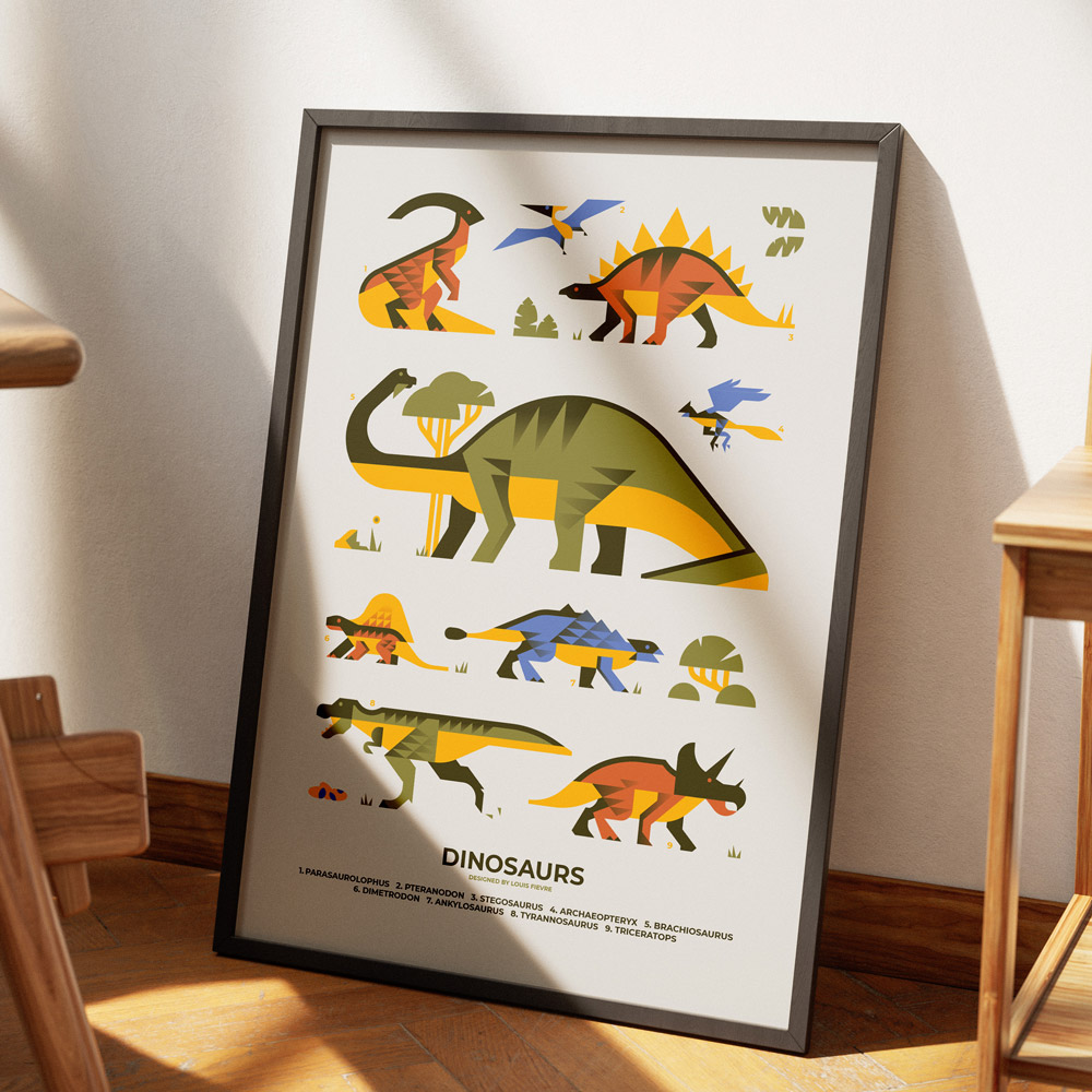 illustration affiche encyclopédie poster dinosaurs tyrannosaurus triceratops