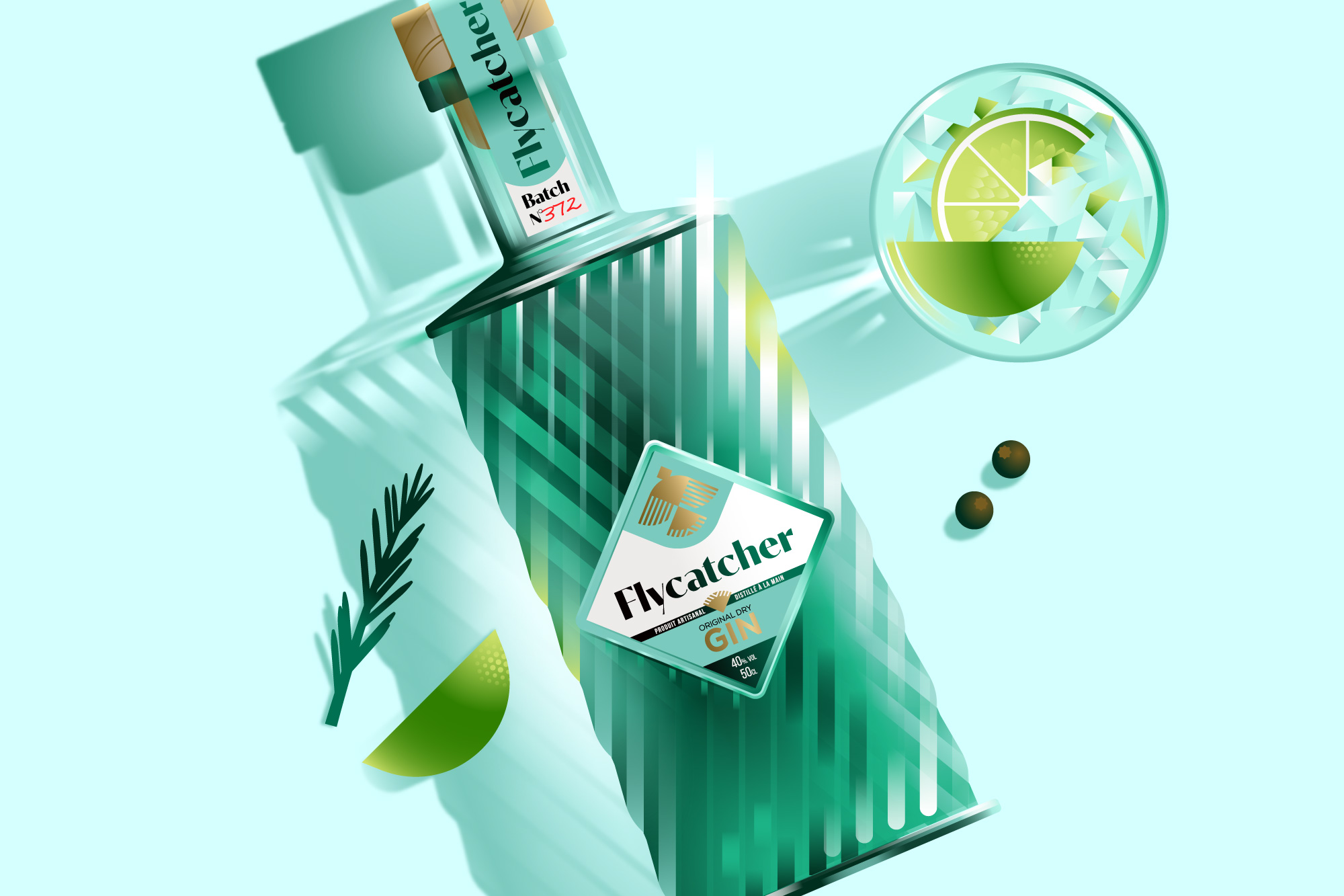 Illustration packshot packaging gin cocktail