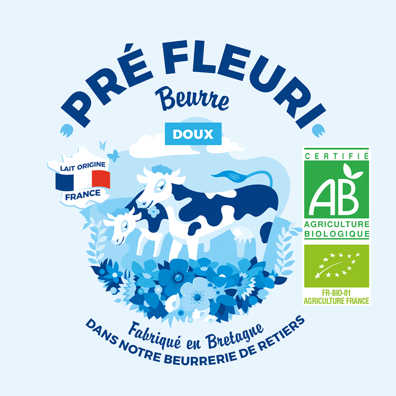 identité de marque produits laitiers Pré Fleuri packaging