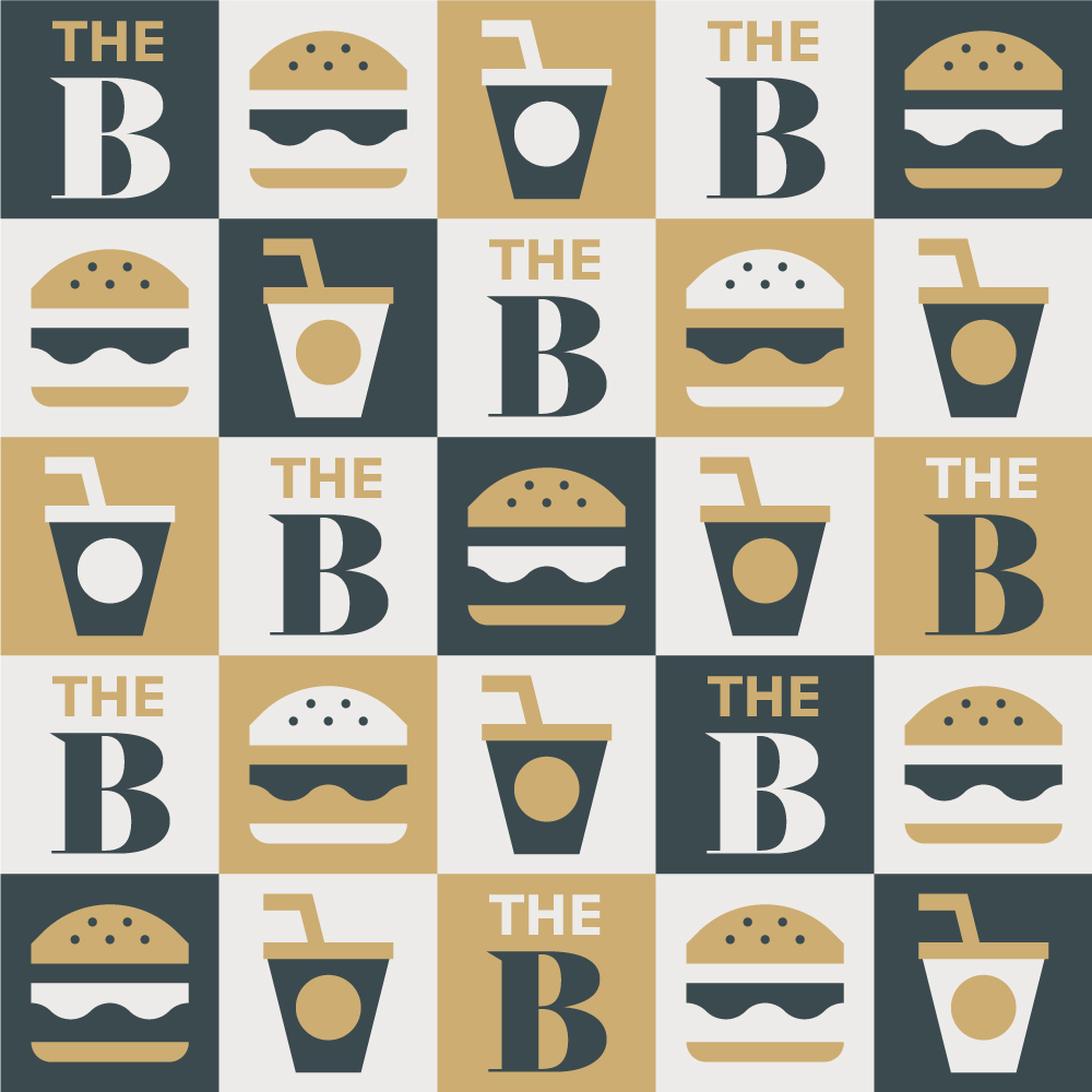 Identité de marque du restaurant The Burgler, fast-food spécialisé en burgers, motif