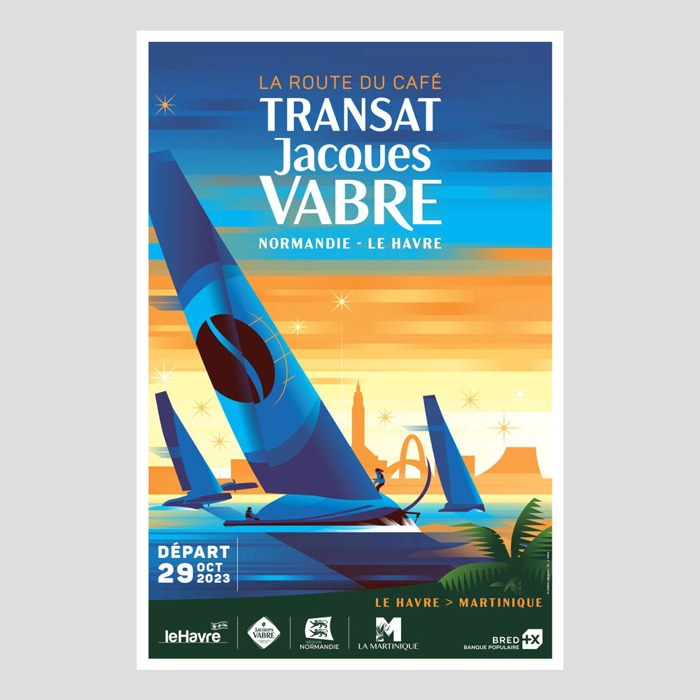Transat Jacques Vabre Affiche 2023 illustration Affiche illustrative de la Transat Jacques Vabre 2023, une prestigieuse course transatlantique en duo de voile partant du Havre pour rejoindre la Martinique.